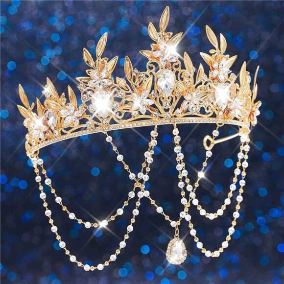 Queen Crowns and Tiaras Gold Leaf Tiara Wedding Crystal Headband Crown main image 6
